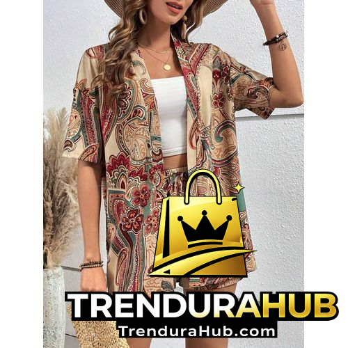 Bohemian Print Vacation Set Women's Flowy Two-Piece Outfit Fresh Beach Set Women's Lightweight Slim-Fit